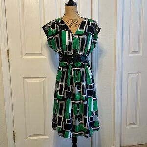 Vintage 90’s SIXTEEN Green Black Geometric midi belted tied waist v-neck dress M